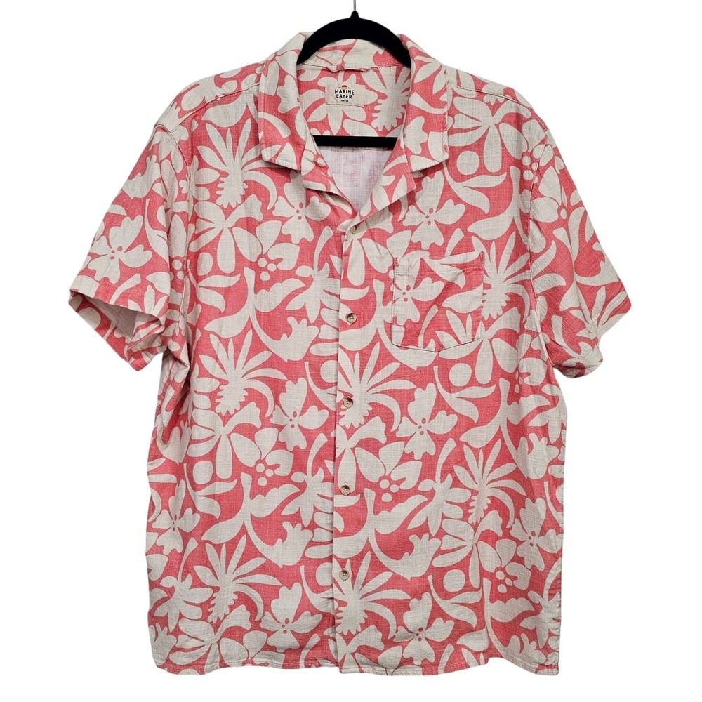 Marine Layer Men Stretch Selvage Resort Shirt Coral Floral Button Down Large